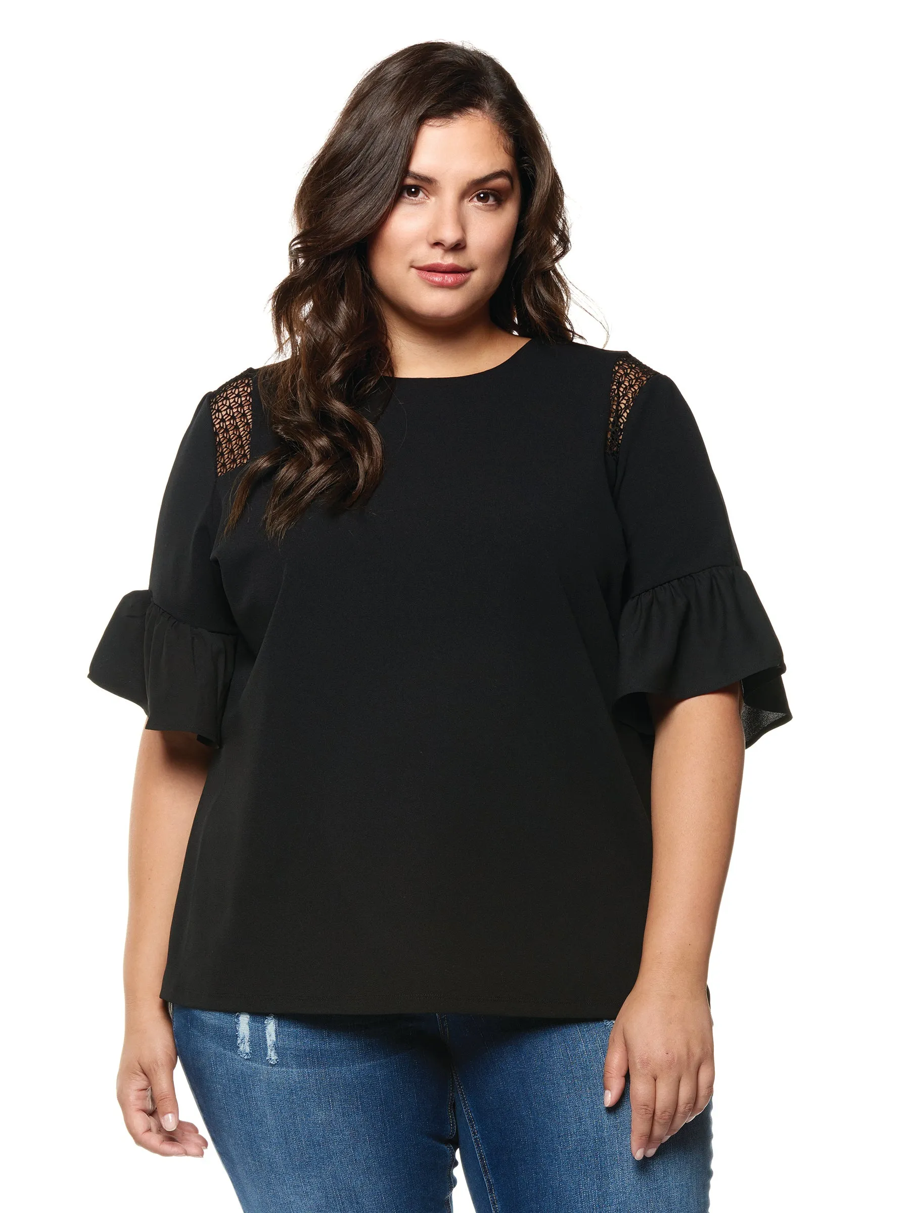Plus Size Black Ruffle Short Sleeve Top