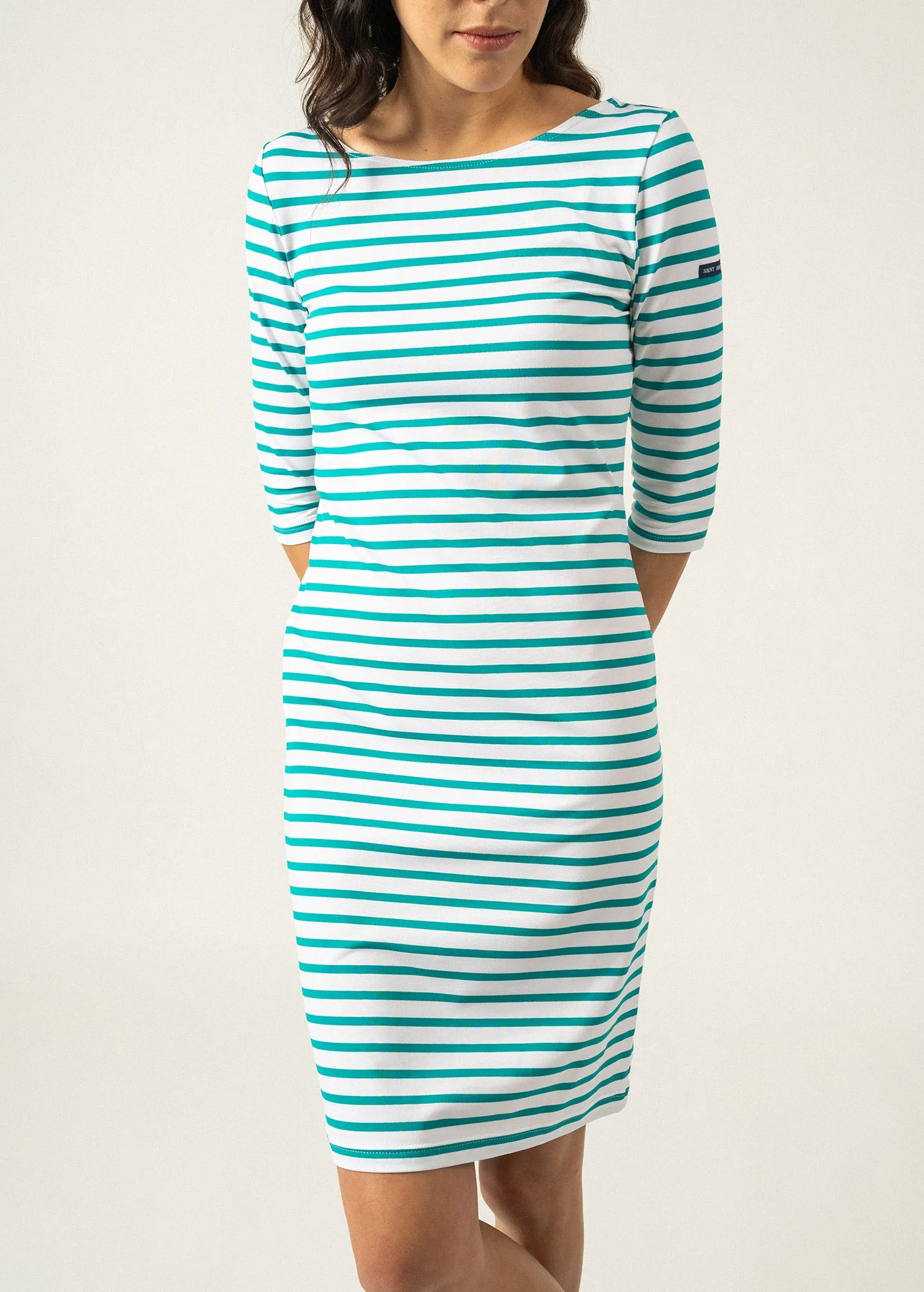 PROPRIANO - Form-Fitting Nautical Stripe Dress | Anti-UV Stretch Fabric (WHITE / ABSINTHE GREEN)