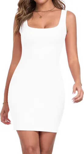 Qaffier Summer Dresses for Women Sexy Mini Dress Ribbed Knit Fitted Square Neck Bodycon Party Club Tank Dresses