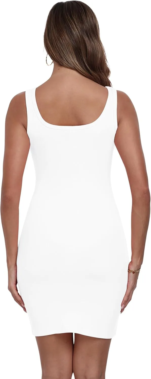 Qaffier Summer Dresses for Women Sexy Mini Dress Ribbed Knit Fitted Square Neck Bodycon Party Club Tank Dresses