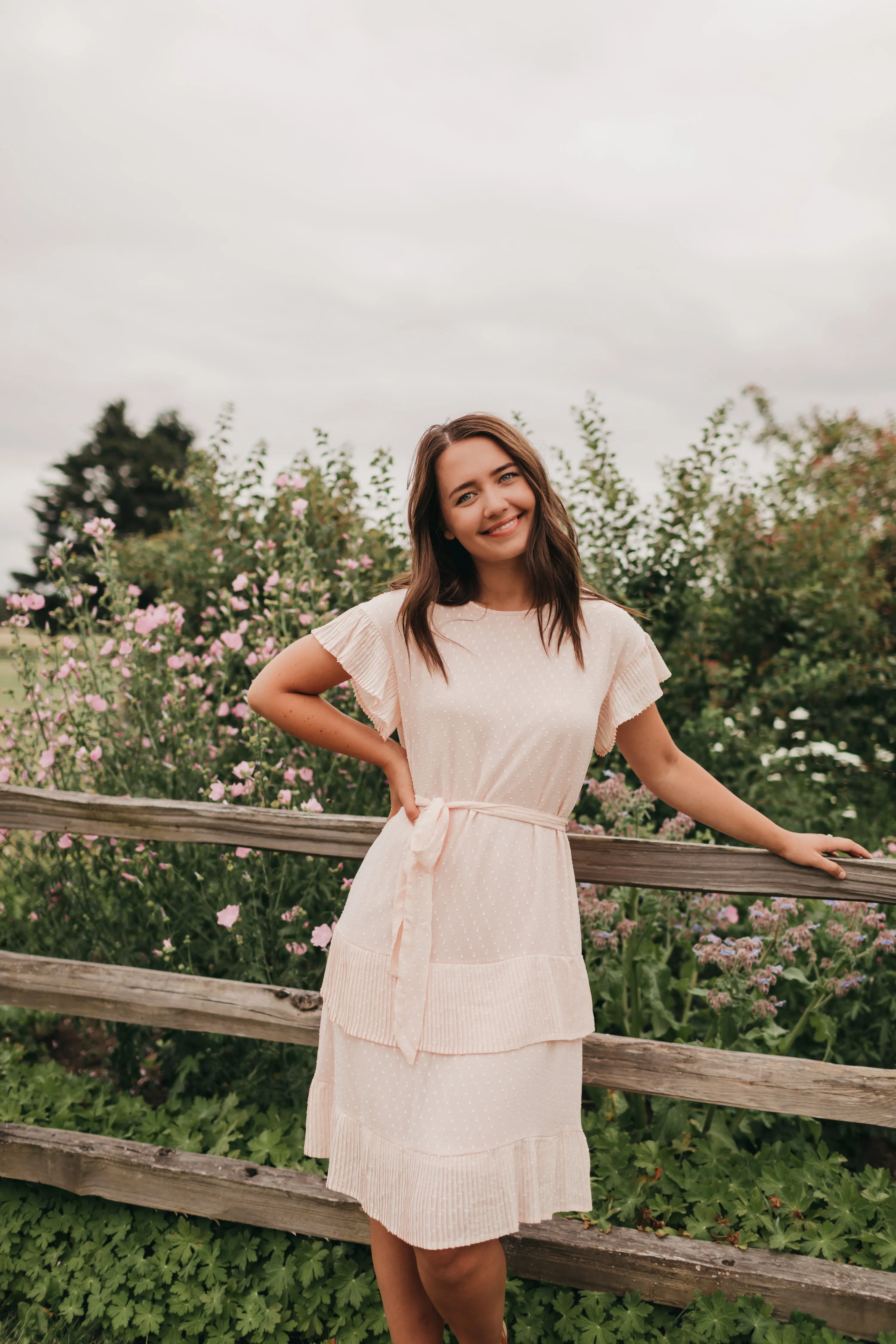 Quinn Pleated Dot Dress in Peach