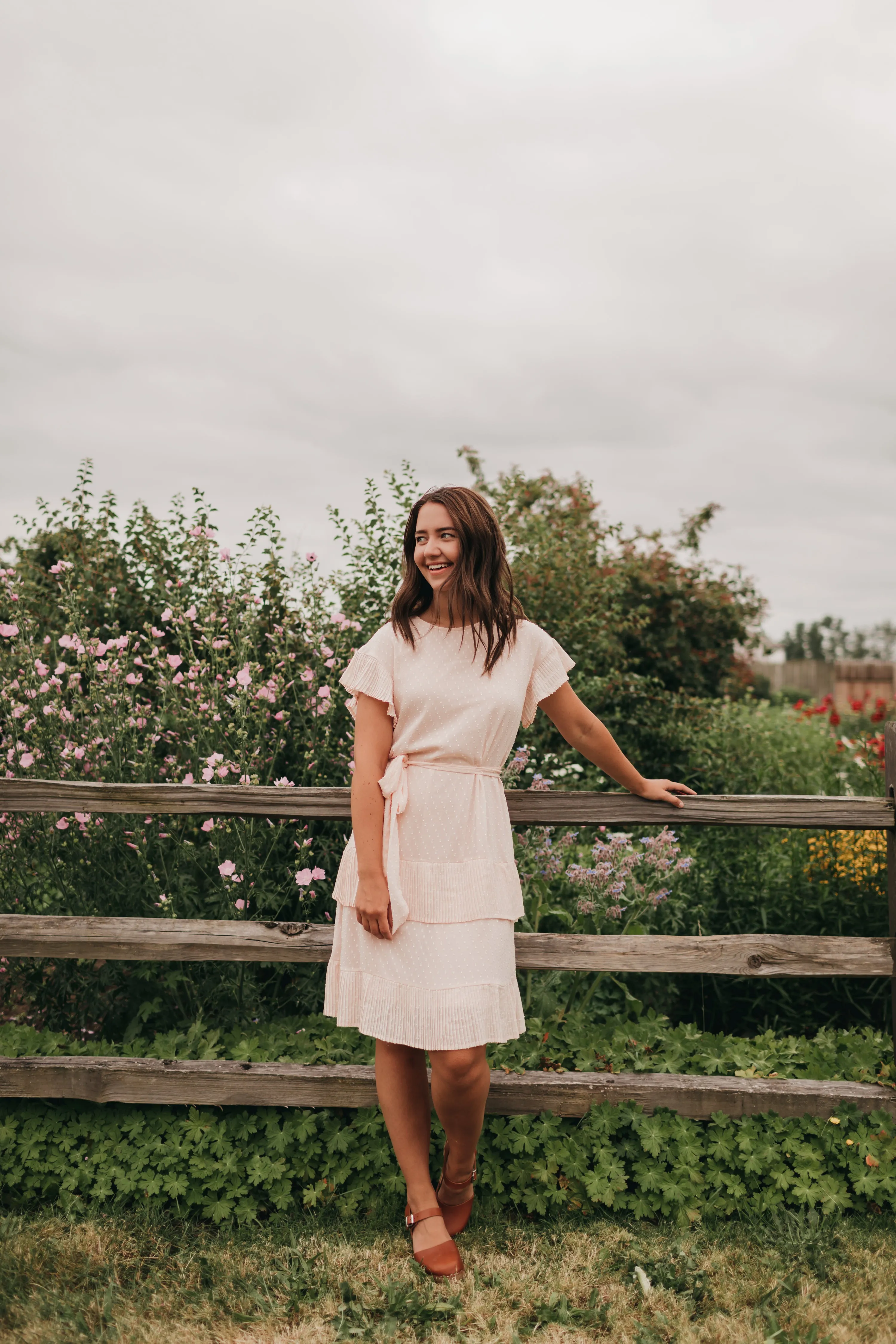 Quinn Pleated Dot Dress in Peach