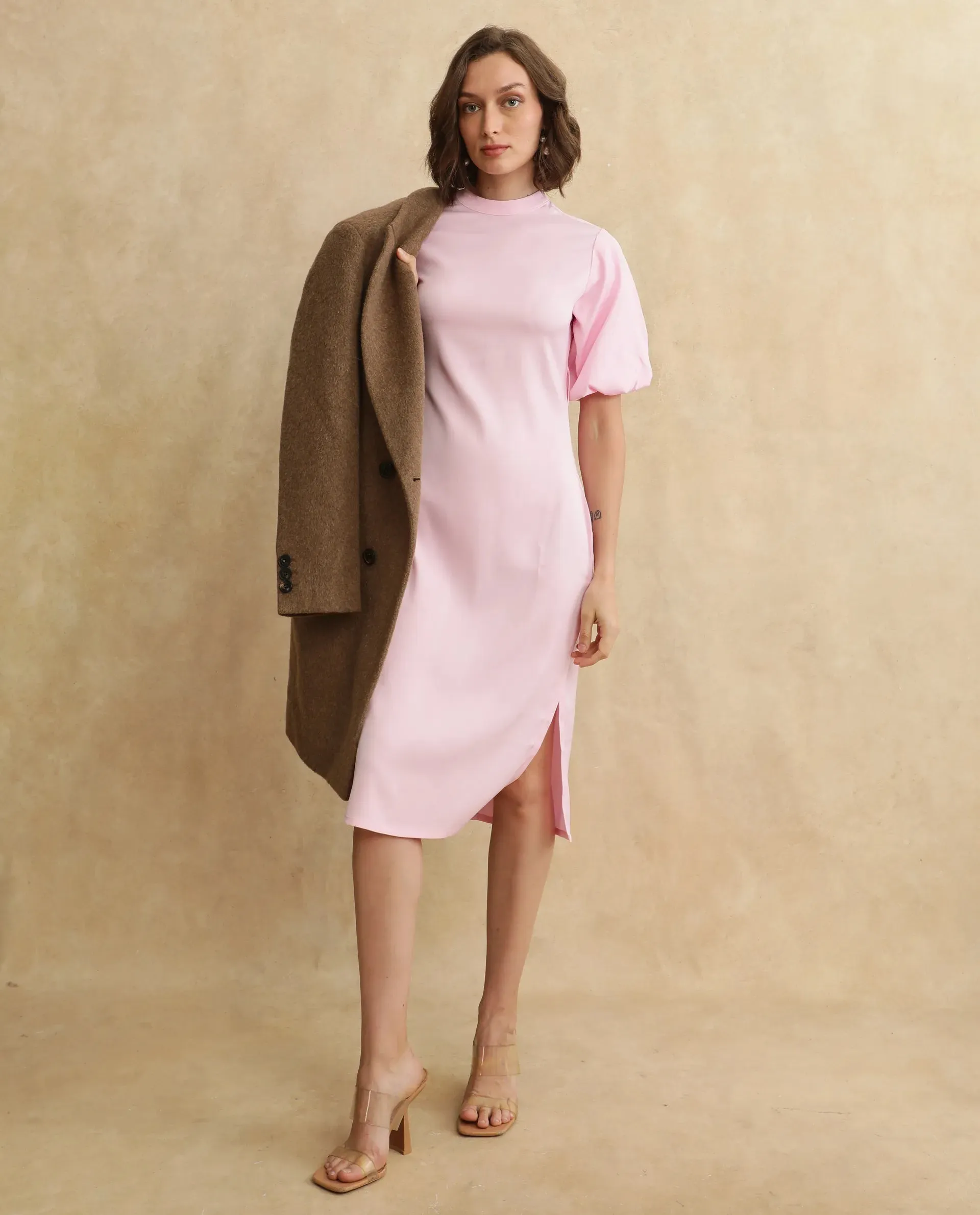 Rareism Women Metz Light Pink Balloon Sleeves Dress
