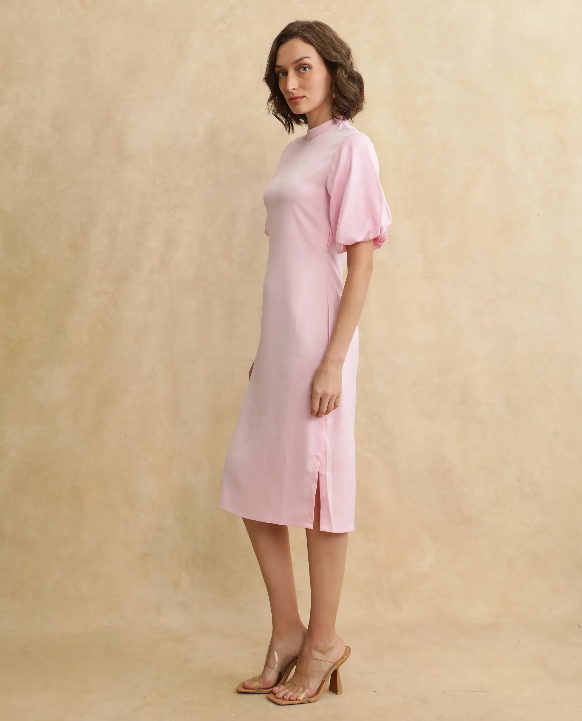 Rareism Women Metz Light Pink Balloon Sleeves Dress