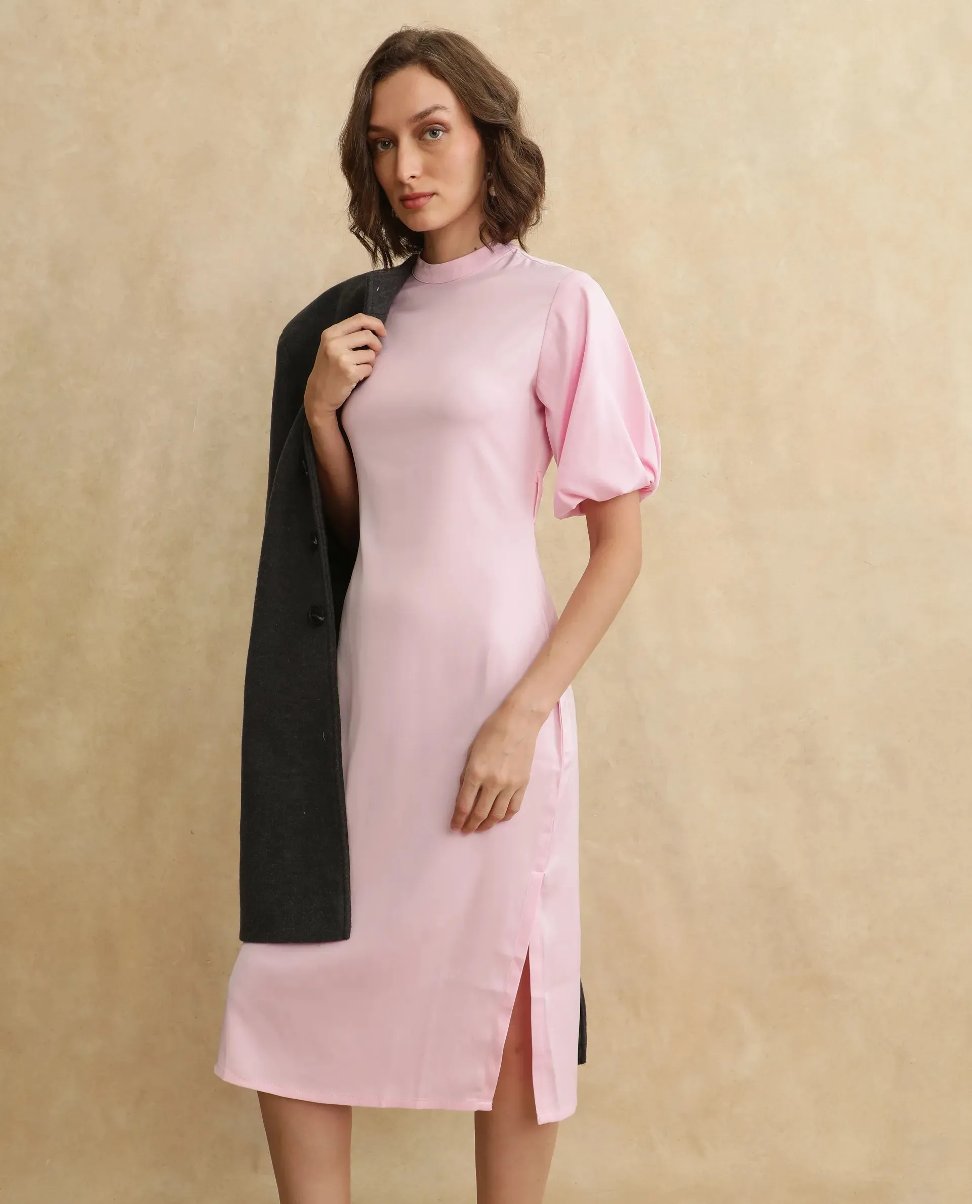 Rareism Women Metz Light Pink Balloon Sleeves Dress