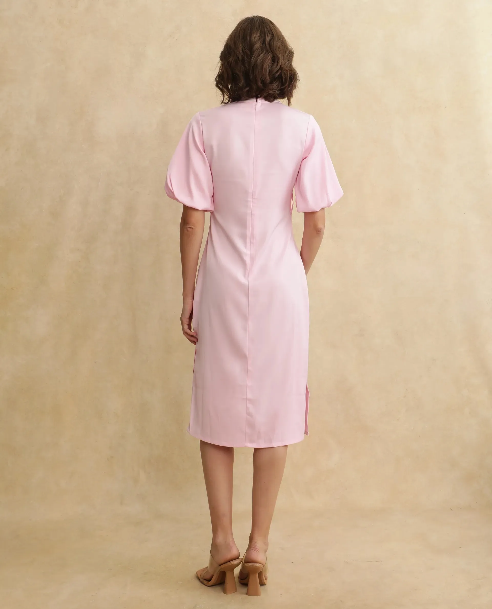 Rareism Women Metz Light Pink Balloon Sleeves Dress