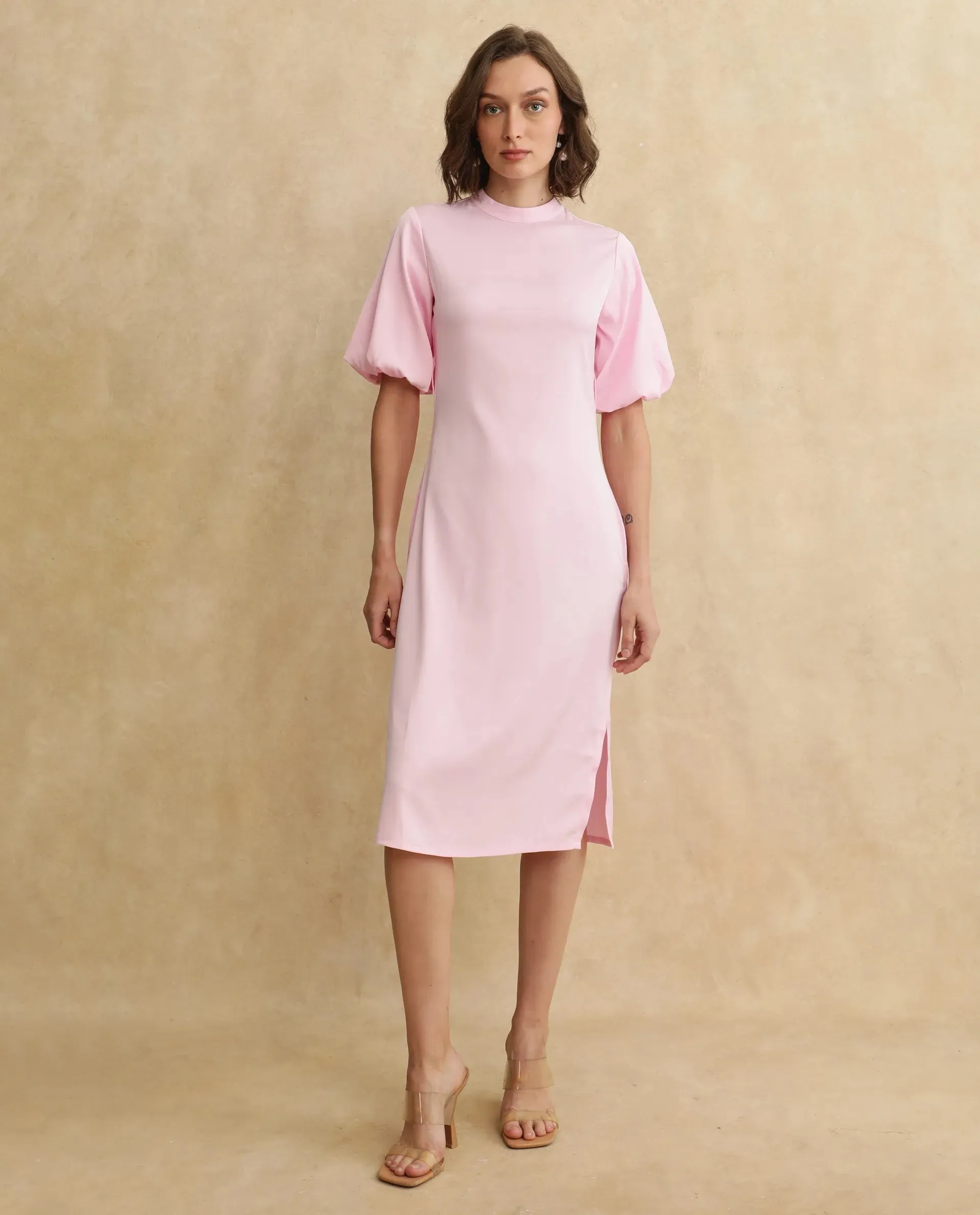 Rareism Women Metz Light Pink Balloon Sleeves Dress