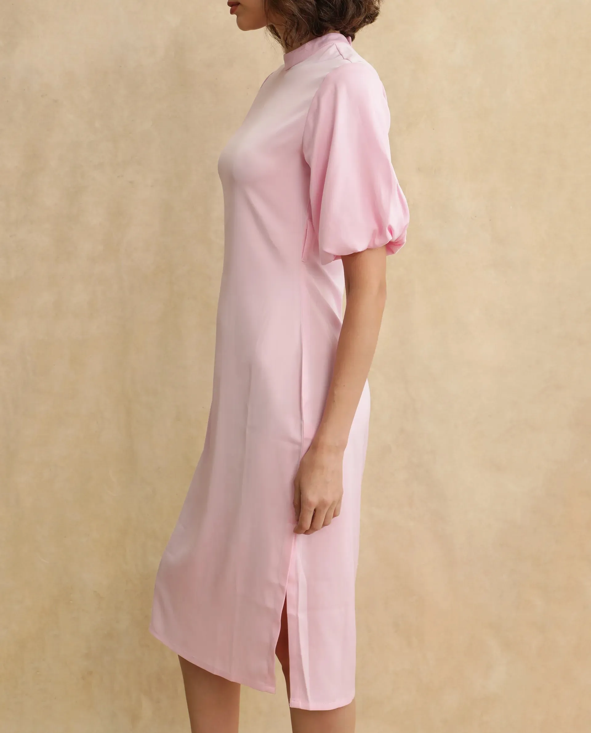 Rareism Women Metz Light Pink Balloon Sleeves Dress