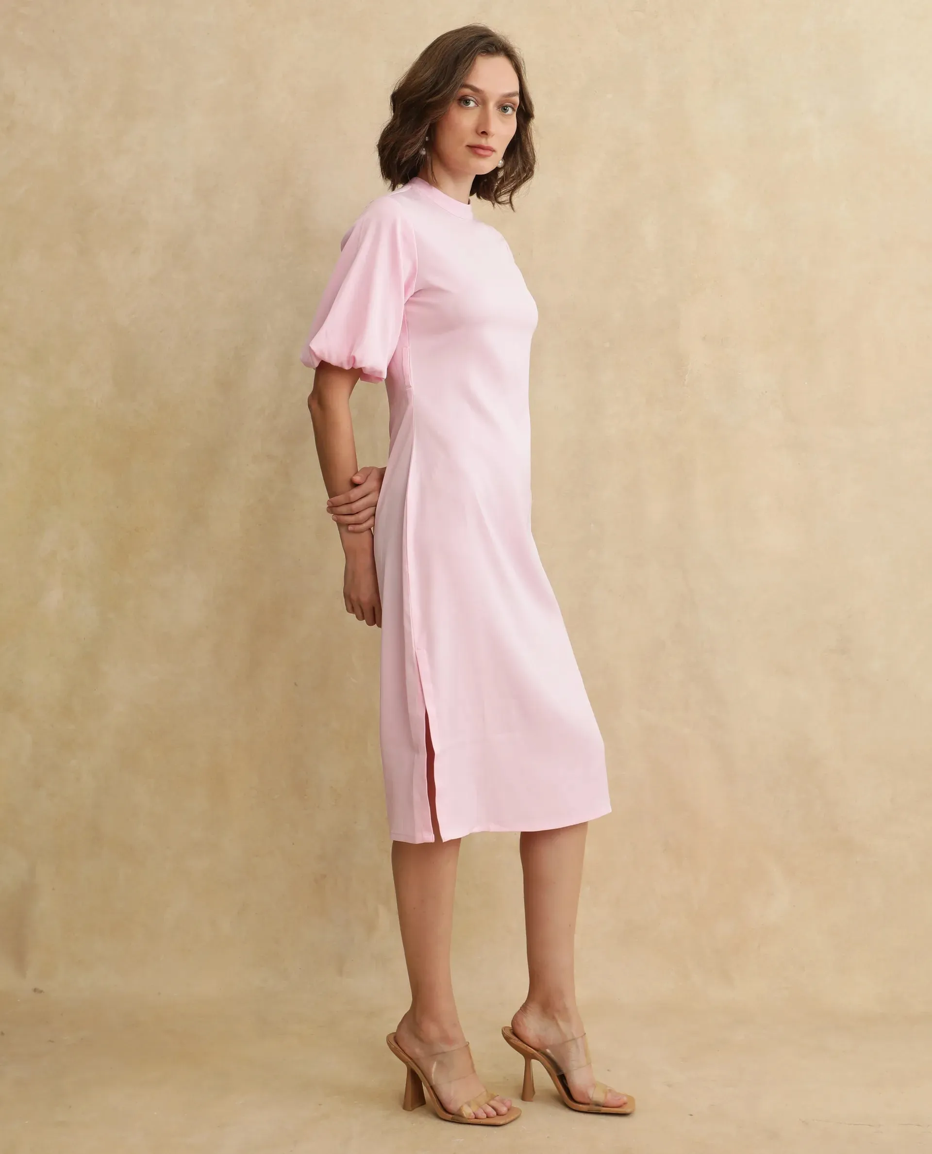 Rareism Women Metz Light Pink Balloon Sleeves Dress