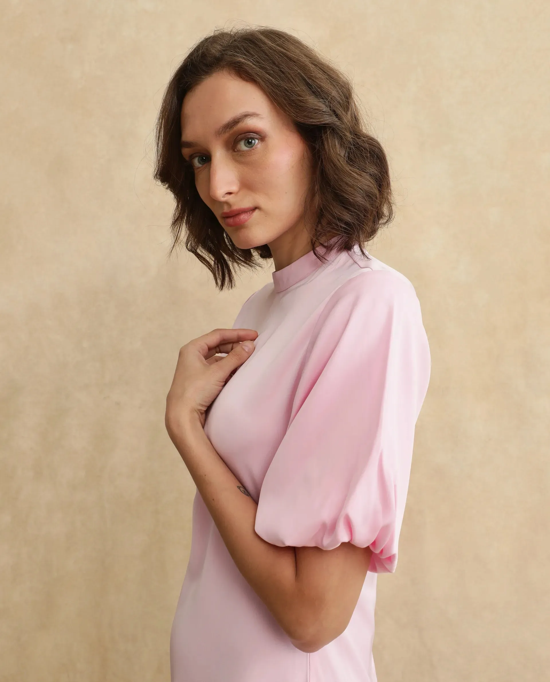 Rareism Women Metz Light Pink Balloon Sleeves Dress