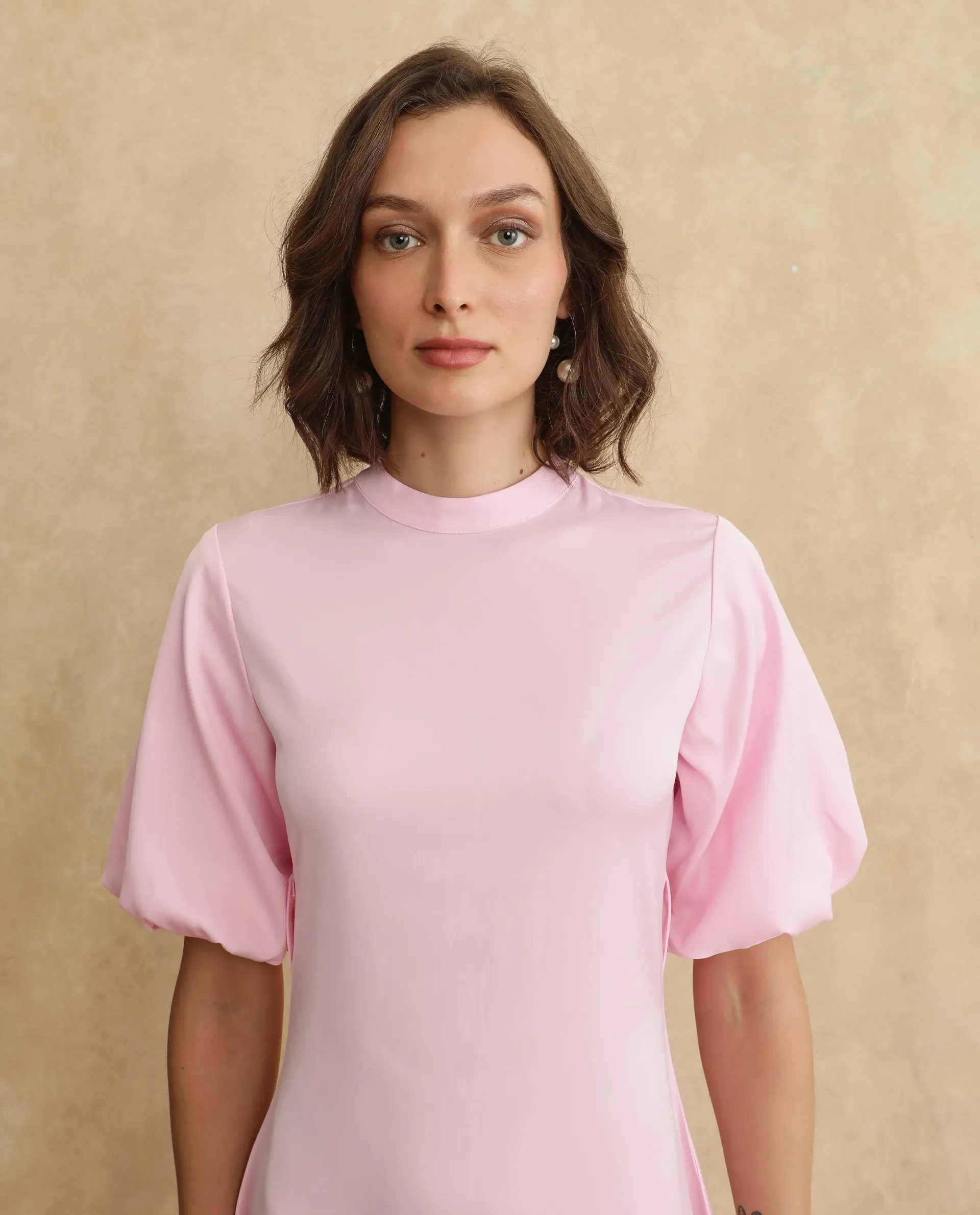 Rareism Women Metz Light Pink Balloon Sleeves Dress