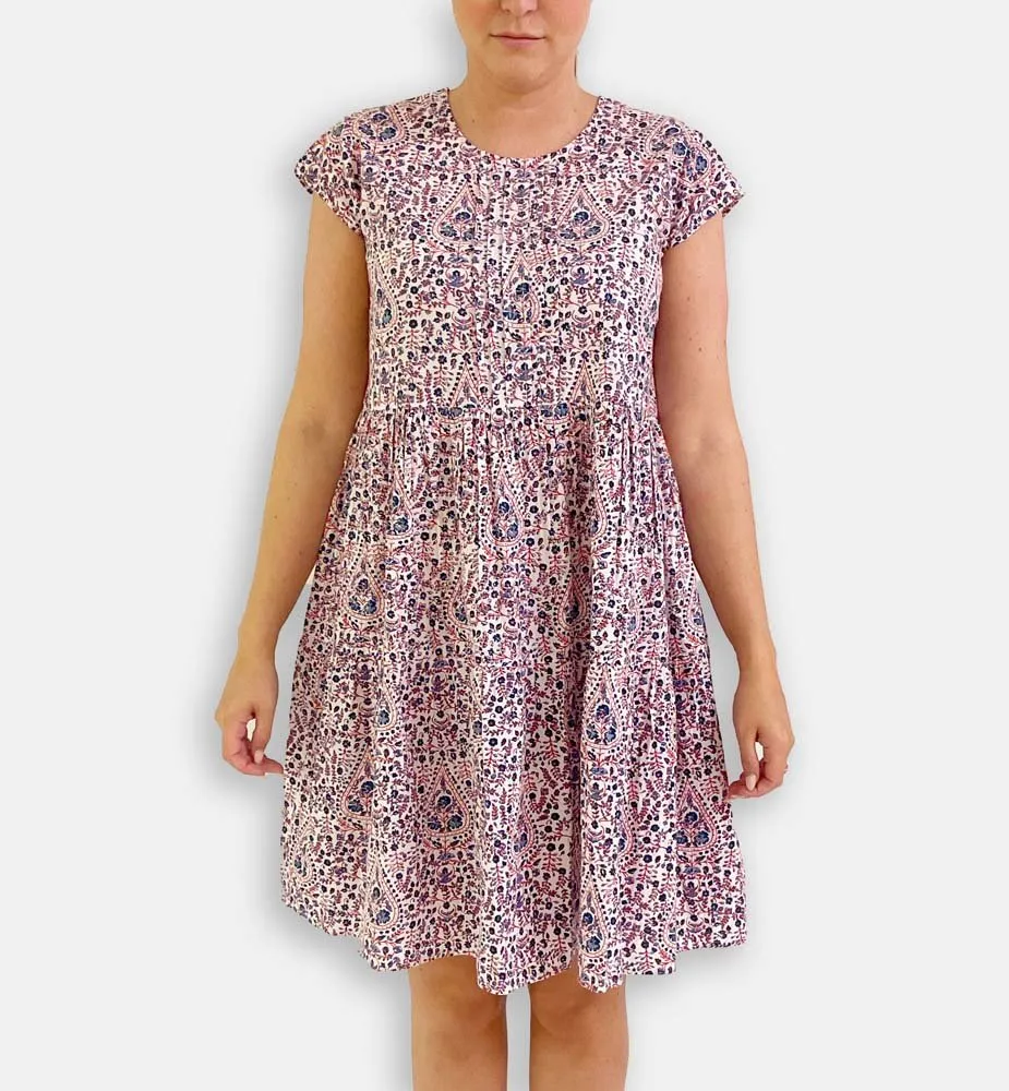 Red & Blue Paisley Pintuck Cap Sleeve Dress