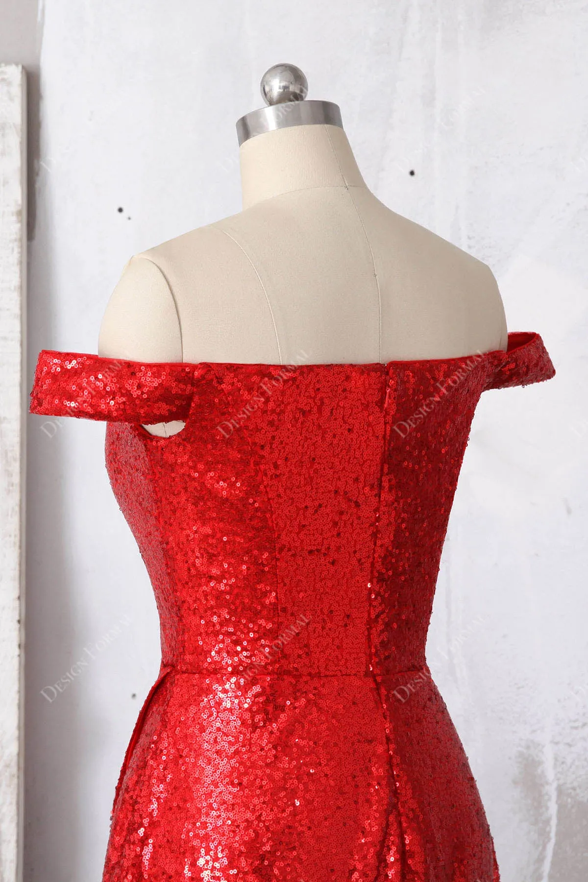 Red Off-shoulder Sparkly Sequin Slit Simple A-line Long Dress