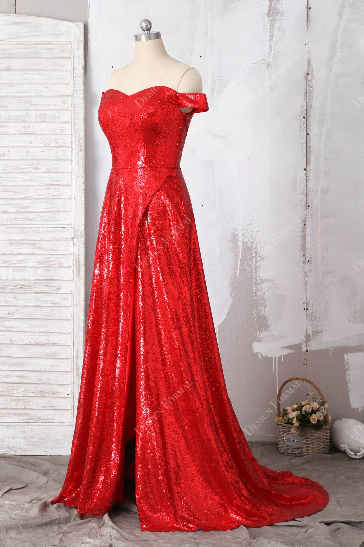 Red Off-shoulder Sparkly Sequin Slit Simple A-line Long Dress