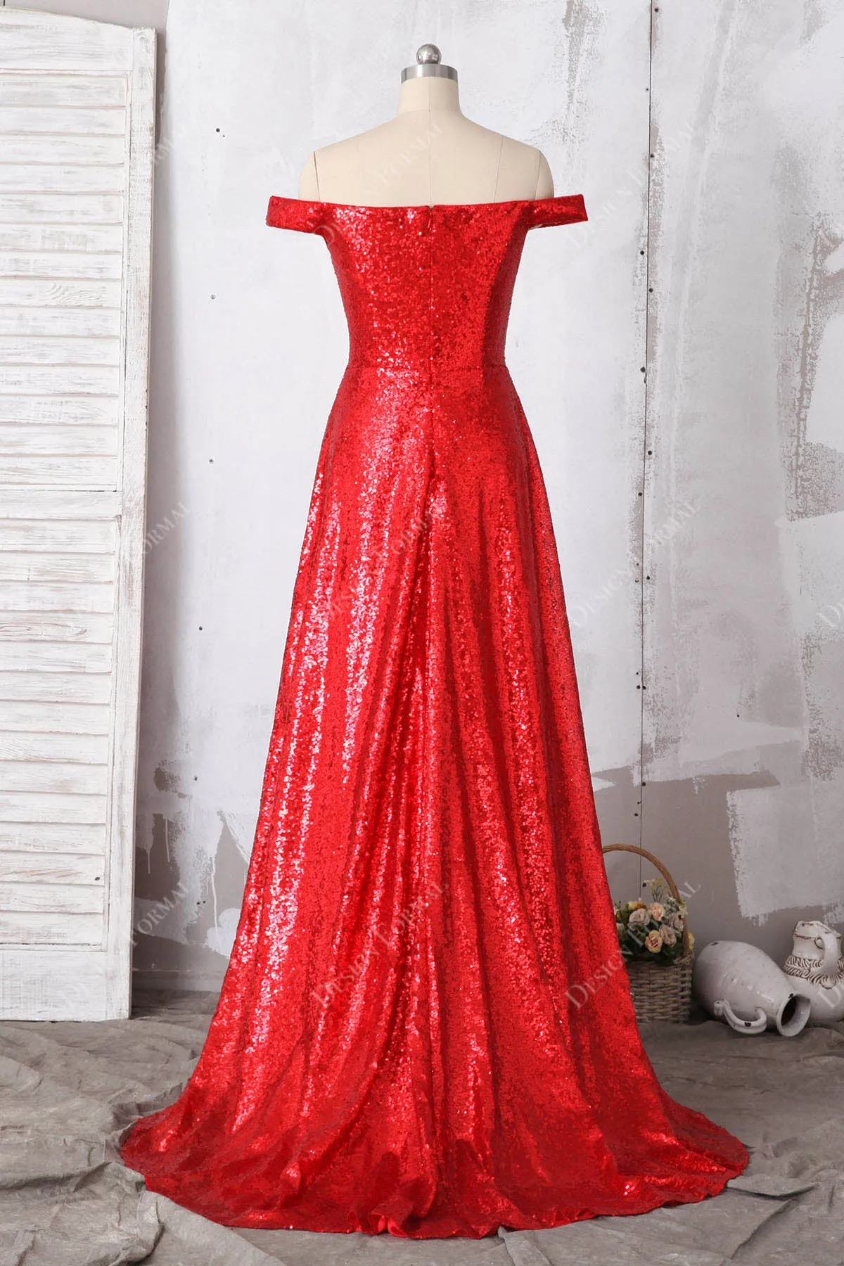Red Off-shoulder Sparkly Sequin Slit Simple A-line Long Dress