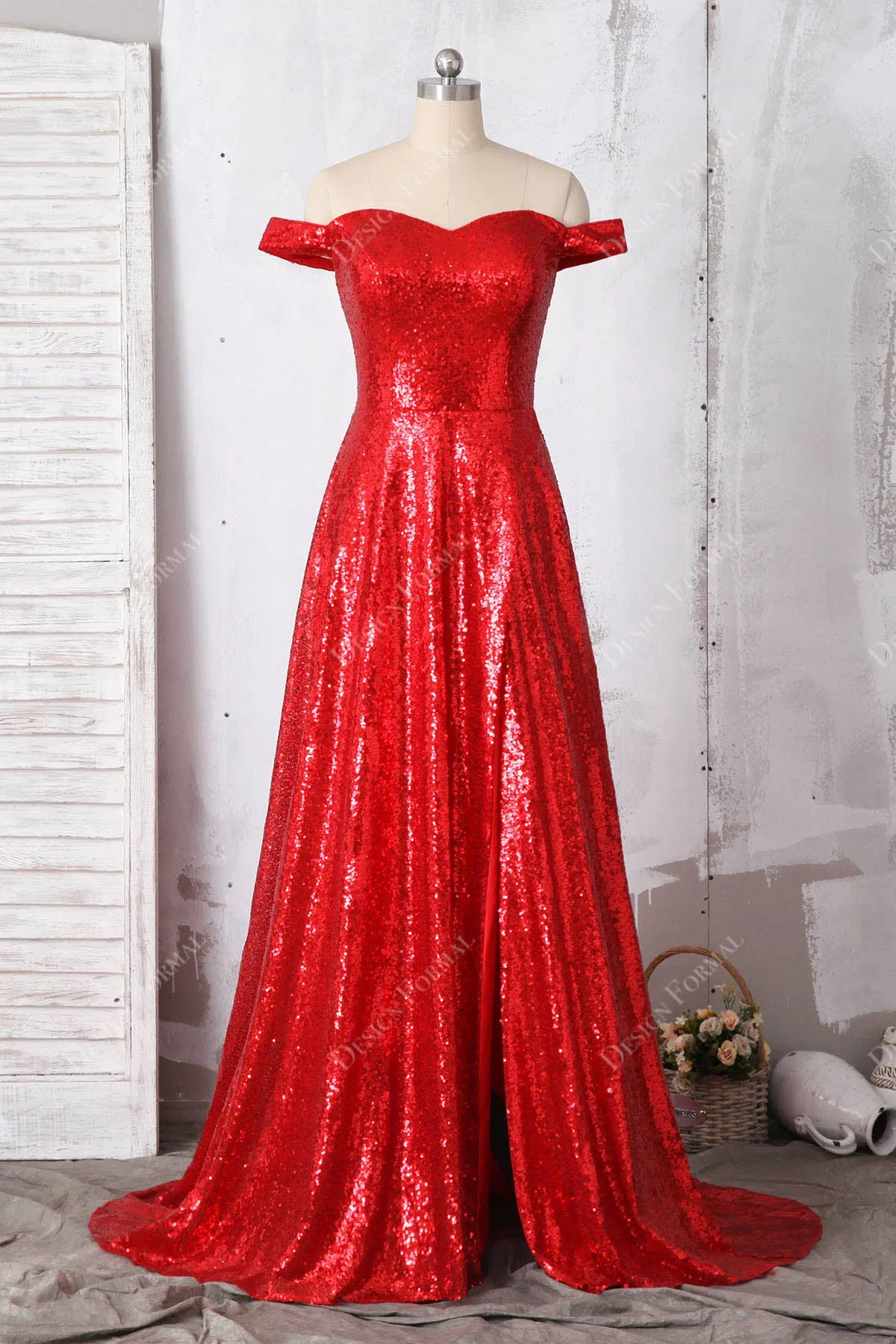Red Off-shoulder Sparkly Sequin Slit Simple A-line Long Dress