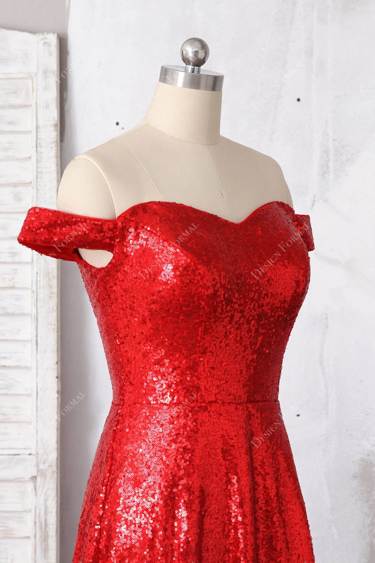 Red Off-shoulder Sparkly Sequin Slit Simple A-line Long Dress