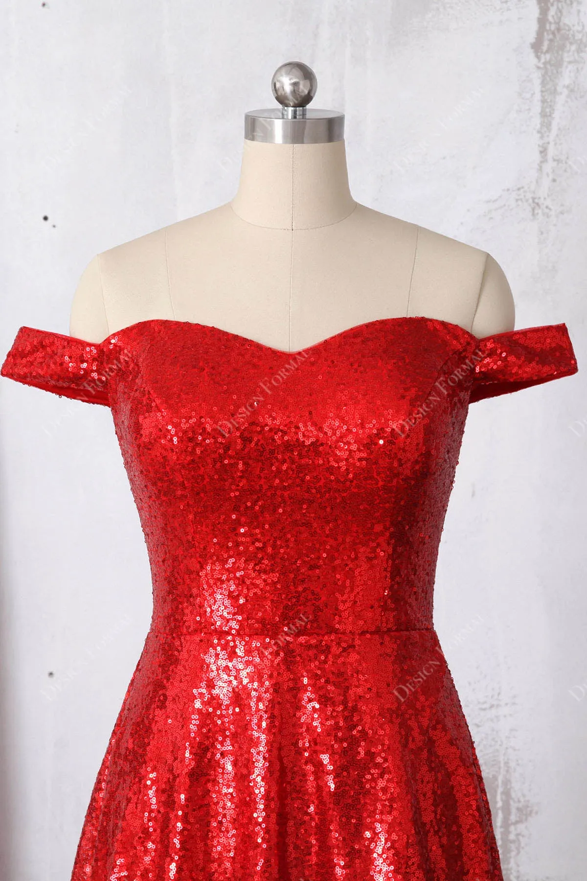 Red Off-shoulder Sparkly Sequin Slit Simple A-line Long Dress