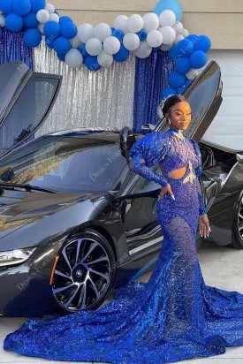 Royal Blue Sequin Sheer Bishop Sleeve Designer long Train Prom Dress