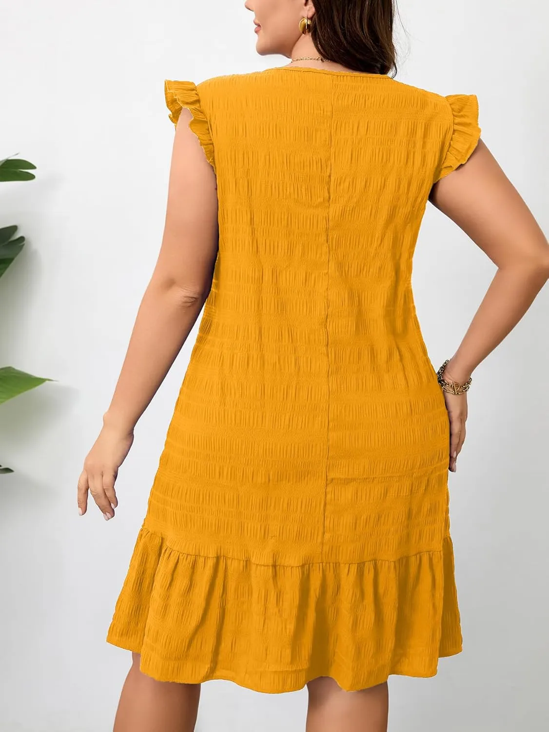 RWJ Plus Size Women Summer Dresses Ruffle Sleeve Round Neck Solid Loose Casual Pleated Mini Dress Short Sundress 2025