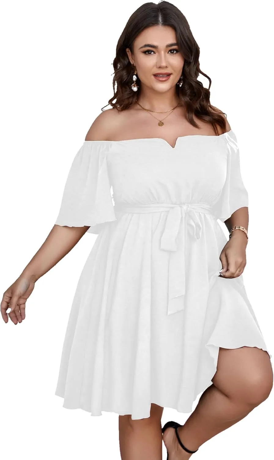 SCOMCHIC Womens Plus Size Cocktail Dress Summer Off Shoulder Short Sleeve Flowy Ruffle A-Line Cute Mini Dress with Belt