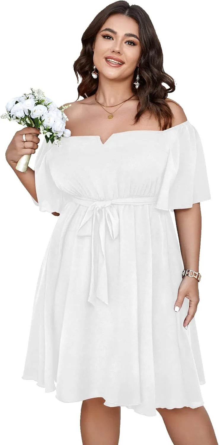 SCOMCHIC Womens Plus Size Cocktail Dress Summer Off Shoulder Short Sleeve Flowy Ruffle A-Line Cute Mini Dress with Belt