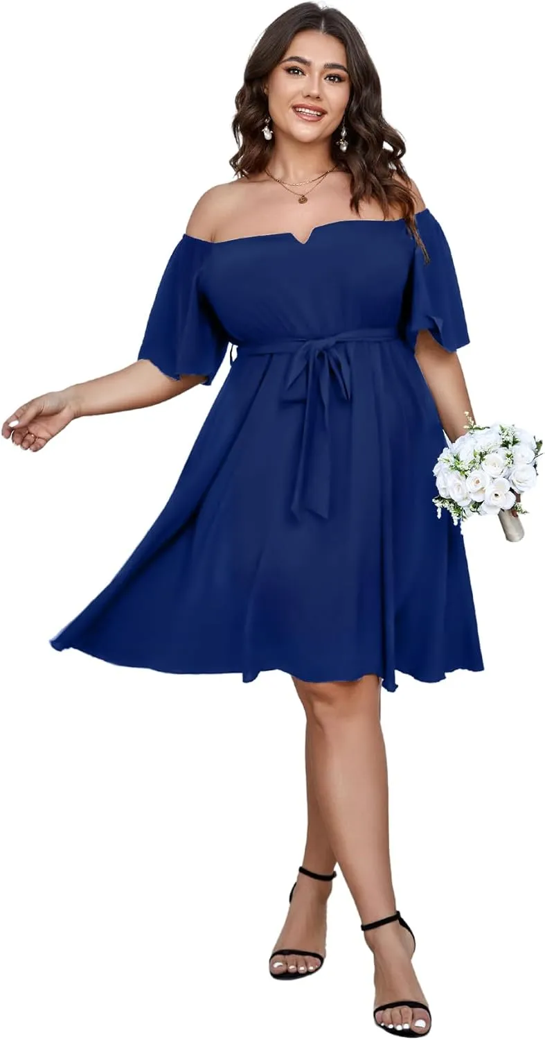 SCOMCHIC Womens Plus Size Cocktail Dress Summer Off Shoulder Short Sleeve Flowy Ruffle A-Line Cute Mini Dress with Belt