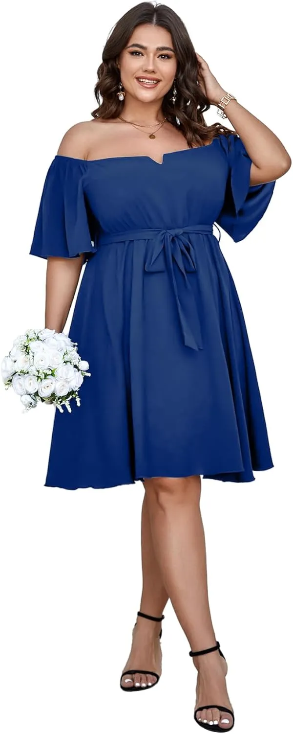 SCOMCHIC Womens Plus Size Cocktail Dress Summer Off Shoulder Short Sleeve Flowy Ruffle A-Line Cute Mini Dress with Belt
