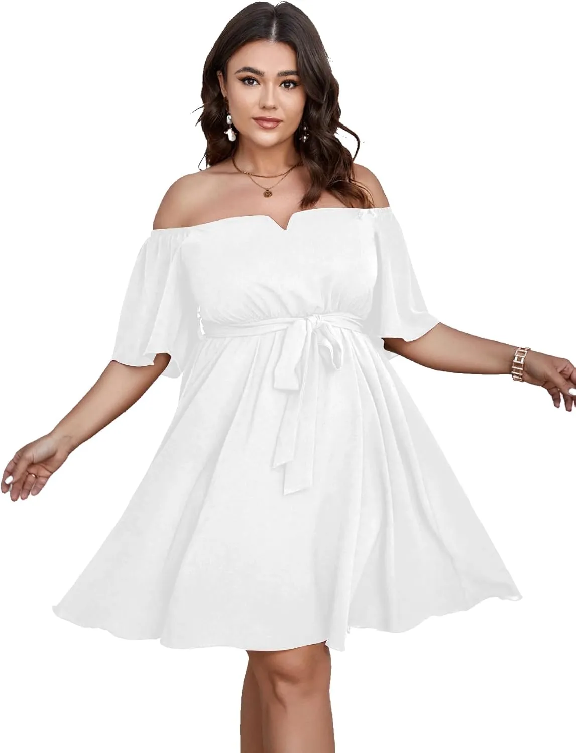 SCOMCHIC Womens Plus Size Cocktail Dress Summer Off Shoulder Short Sleeve Flowy Ruffle A-Line Cute Mini Dress with Belt