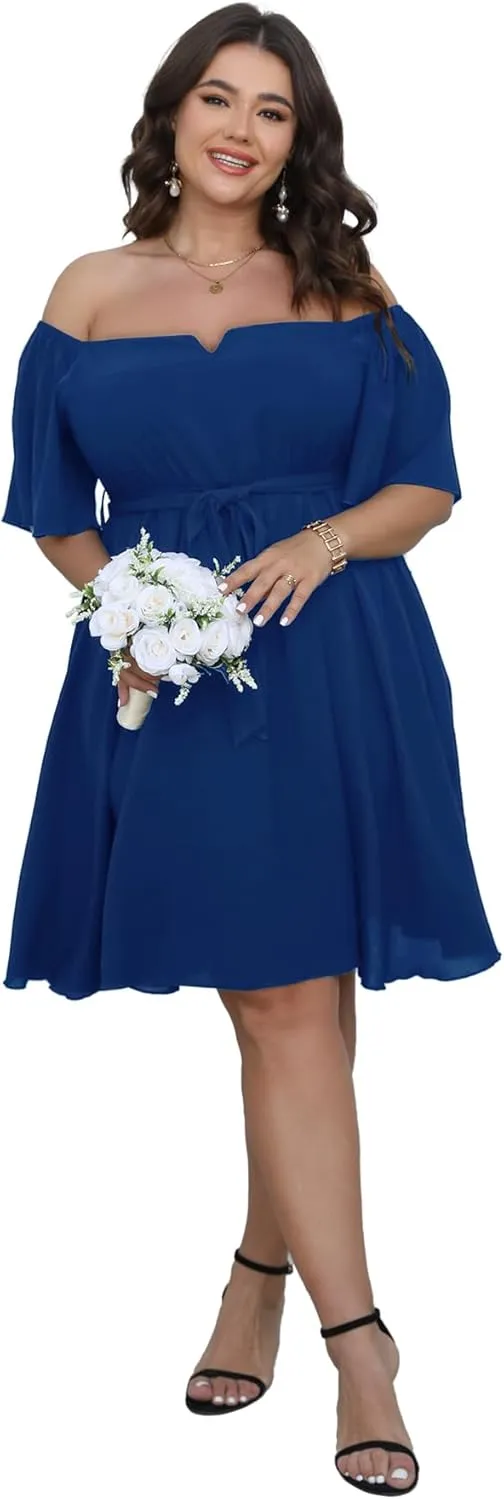 SCOMCHIC Womens Plus Size Cocktail Dress Summer Off Shoulder Short Sleeve Flowy Ruffle A-Line Cute Mini Dress with Belt