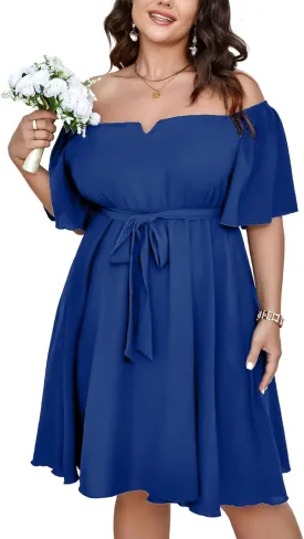 SCOMCHIC Womens Plus Size Cocktail Dress Summer Off Shoulder Short Sleeve Flowy Ruffle A-Line Cute Mini Dress with Belt