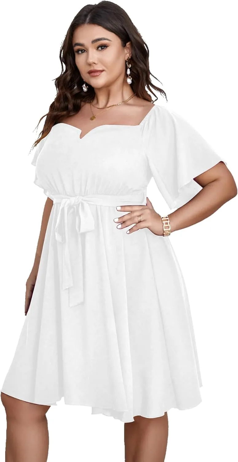 SCOMCHIC Womens Plus Size Cocktail Dress Summer Off Shoulder Short Sleeve Flowy Ruffle A-Line Cute Mini Dress with Belt