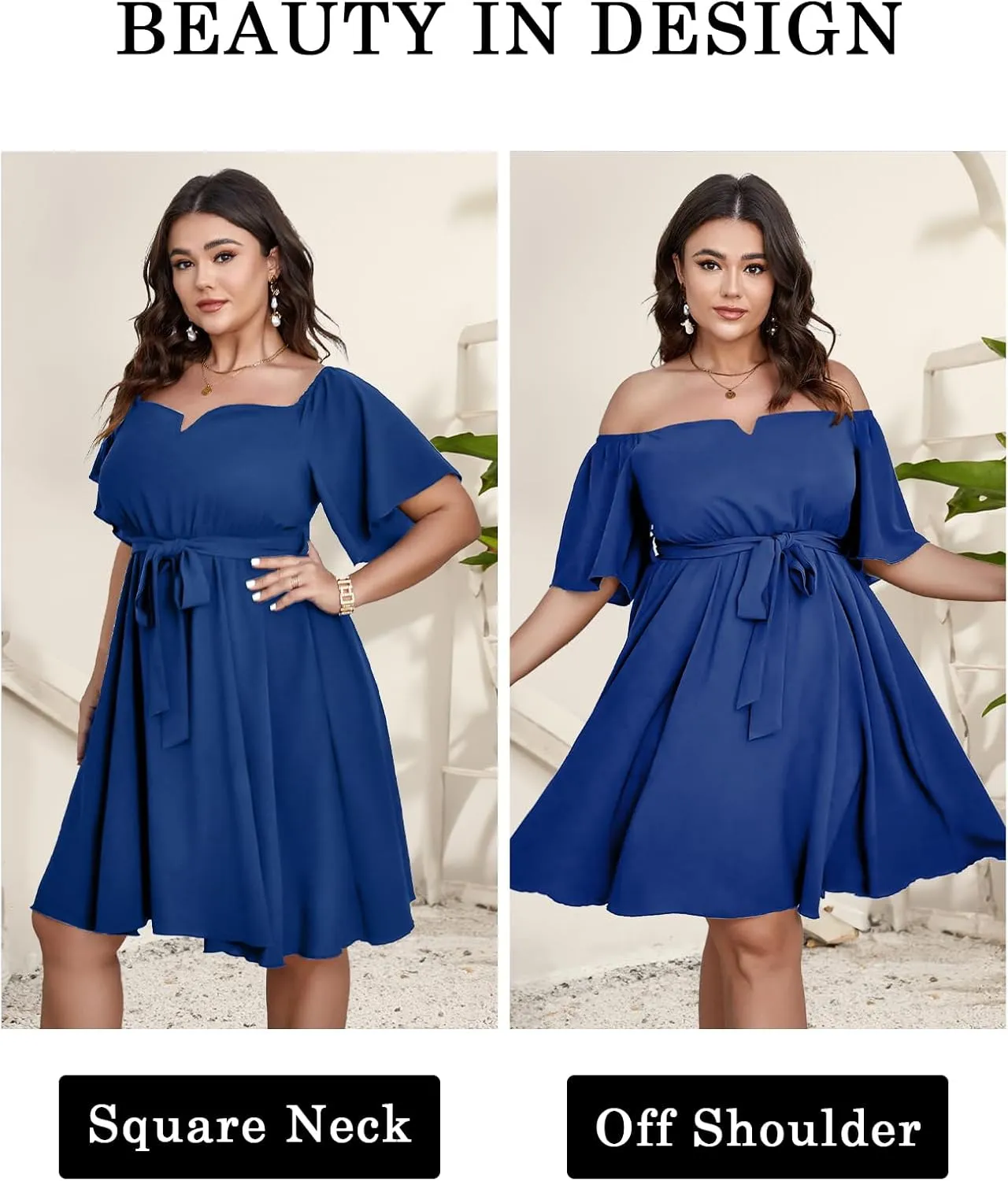 SCOMCHIC Womens Plus Size Cocktail Dress Summer Off Shoulder Short Sleeve Flowy Ruffle A-Line Cute Mini Dress with Belt
