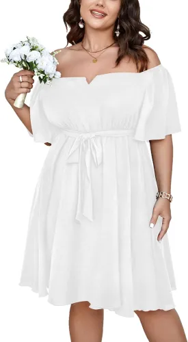 SCOMCHIC Womens Plus Size Cocktail Dress Summer Off Shoulder Short Sleeve Flowy Ruffle A-Line Cute Mini Dress with Belt