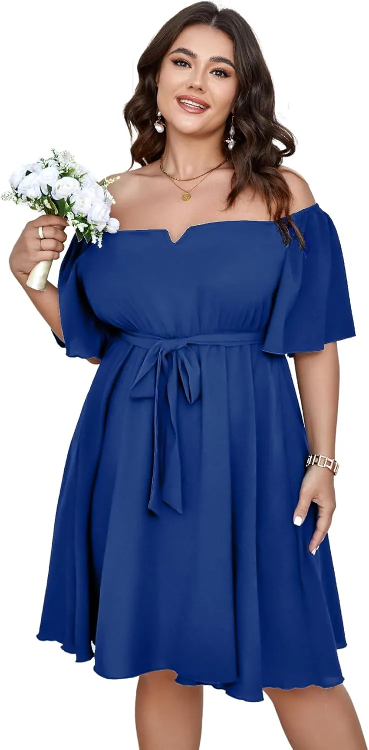 SCOMCHIC Womens Plus Size Cocktail Dress Summer Off Shoulder Short Sleeve Flowy Ruffle A-Line Cute Mini Dress with Belt