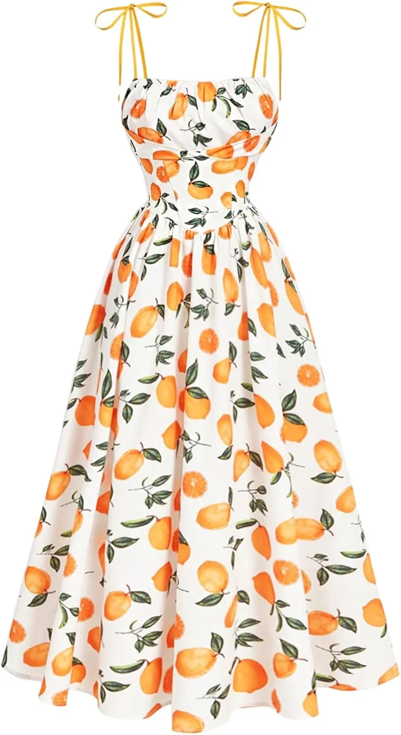 SHENHE Women's Floral Bustier Corset Dress Tie Shoulder Smocked Flowy Boho Long Dress Sundress