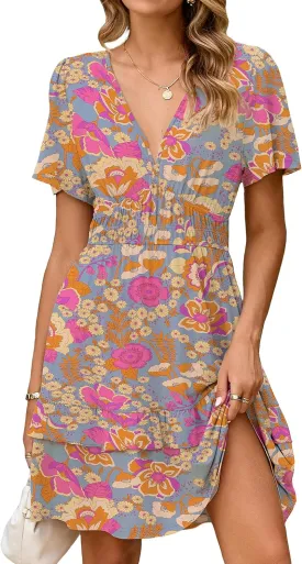 Simplee Womens Floral Mini Dress - Summer Casual Boho V Neck A-Line Empire Waist Vacation Beach Sundress