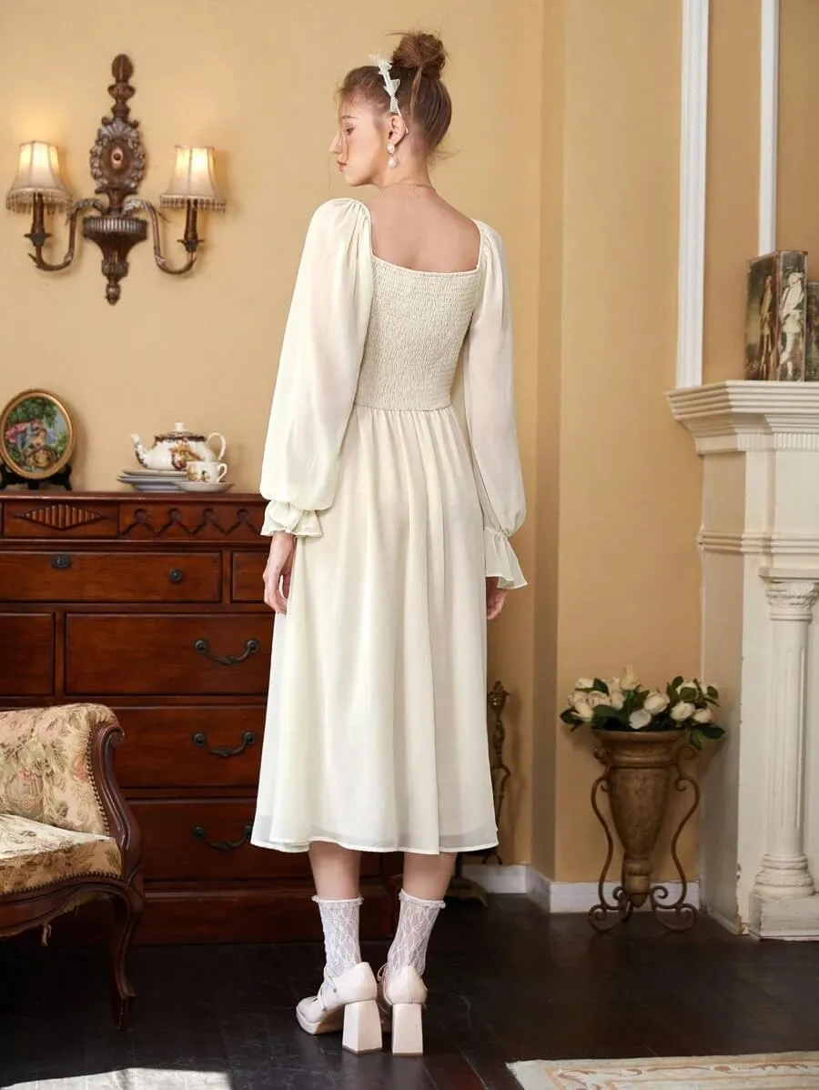 SKAYS Women's Square Neck Midi Corset Dress Puff Long Sleeve A-Line Lined Casual Flowy Dress Elastic Waist Back Smocked
