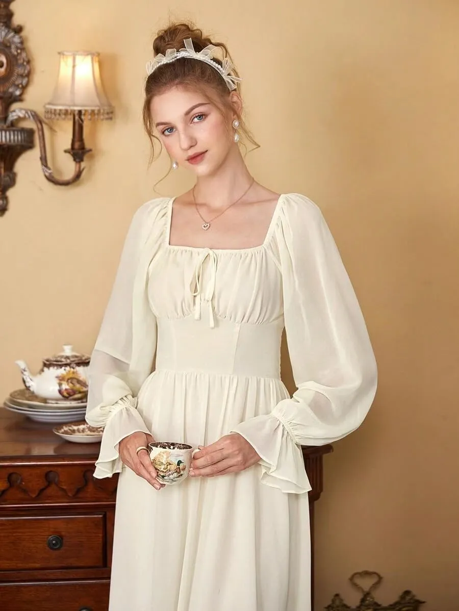 SKAYS Women's Square Neck Midi Corset Dress Puff Long Sleeve A-Line Lined Casual Flowy Dress Elastic Waist Back Smocked