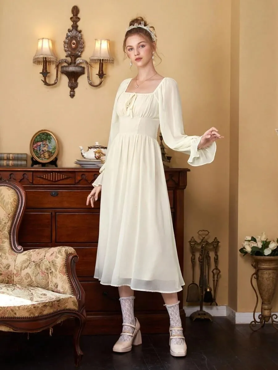 SKAYS Women's Square Neck Midi Corset Dress Puff Long Sleeve A-Line Lined Casual Flowy Dress Elastic Waist Back Smocked