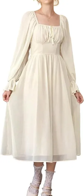 SKAYS Women's Square Neck Midi Corset Dress Puff Long Sleeve A-Line Lined Casual Flowy Dress Elastic Waist Back Smocked
