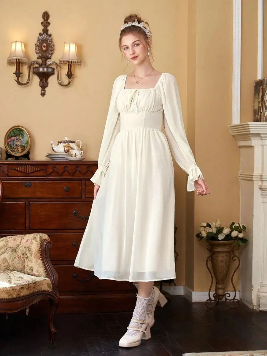 SKAYS Women's Square Neck Midi Corset Dress Puff Long Sleeve A-Line Lined Casual Flowy Dress Elastic Waist Back Smocked