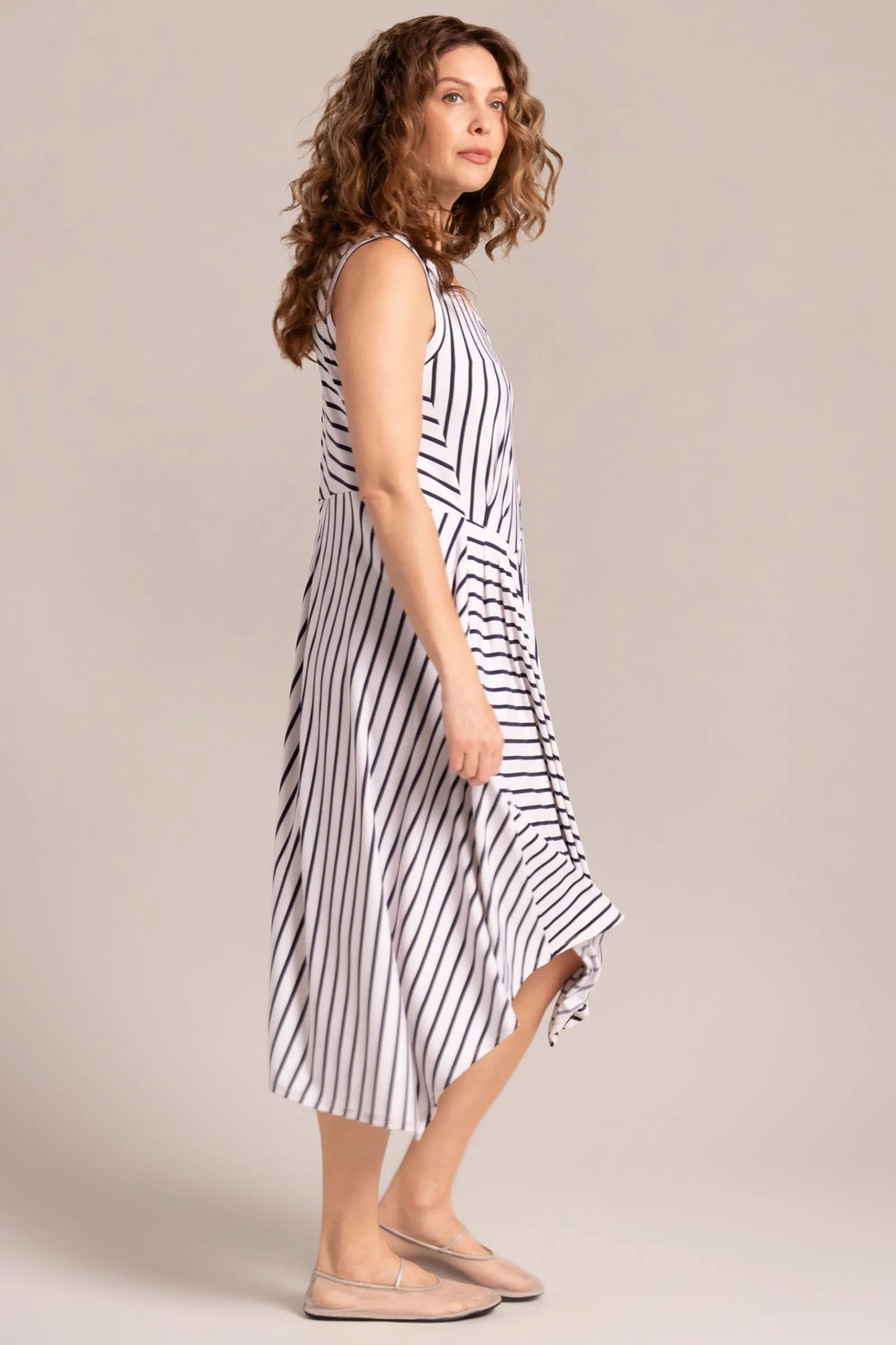 Sleeveless Slant Pocket Dress | Navy Stripe