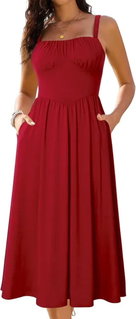 Sureple Long Dresses for Women 2025 Sleeveless Ruched Bust Swing Aline Fitted Spaghetti Strap Sundress with Pockets