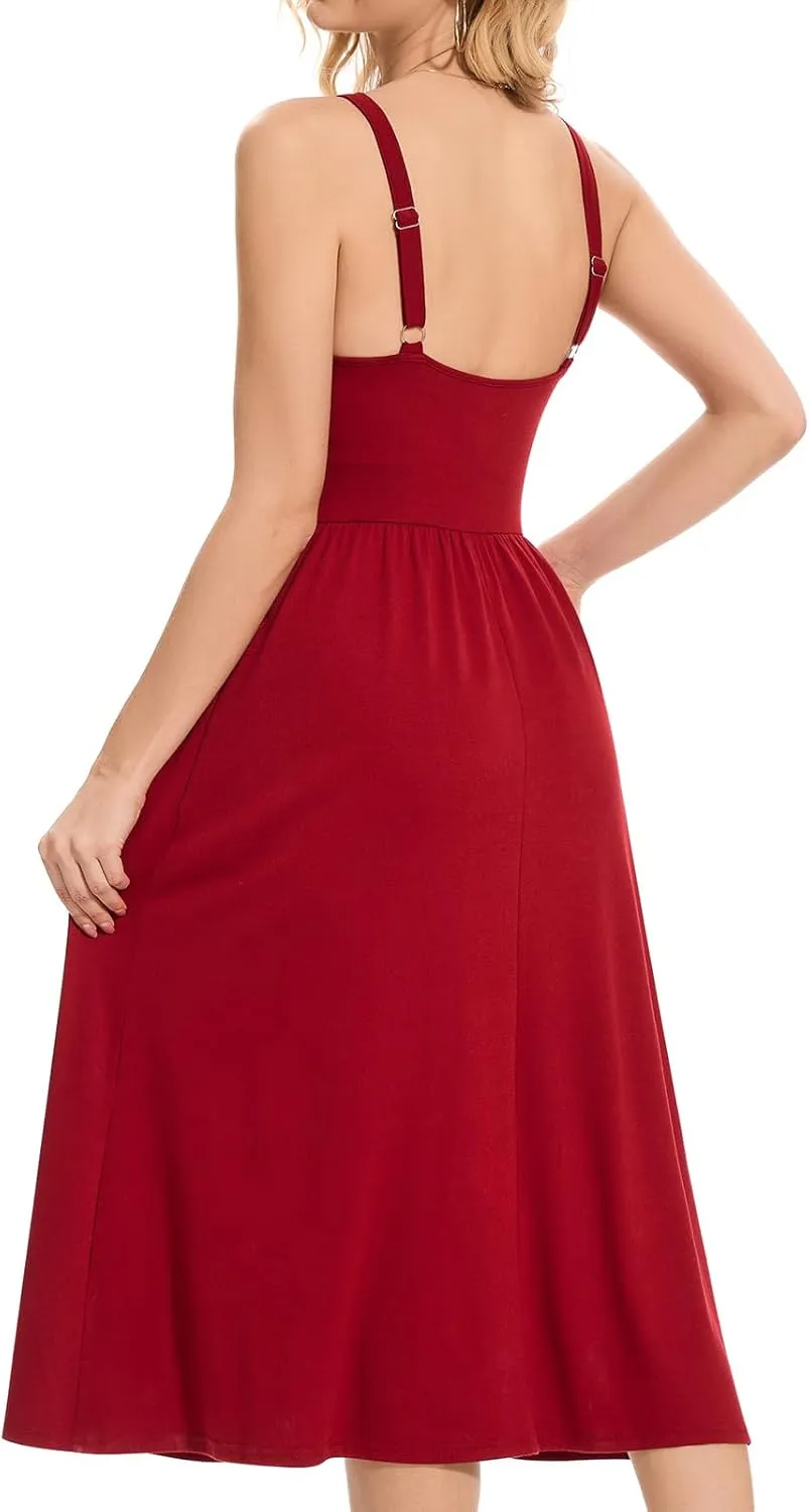 Sureple Long Dresses for Women 2025 Sleeveless Ruched Bust Swing Aline Fitted Spaghetti Strap Sundress with Pockets