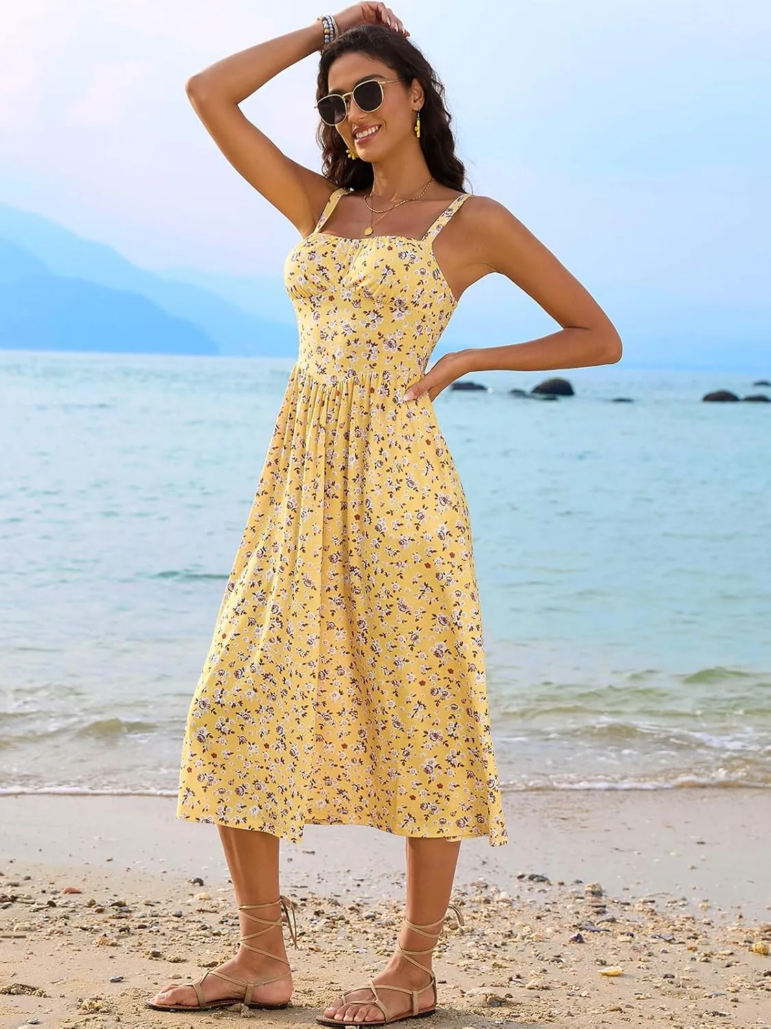 Sureple Long Dresses for Women 2025 Sleeveless Ruched Bust Swing Aline Fitted Spaghetti Strap Sundress with Pockets