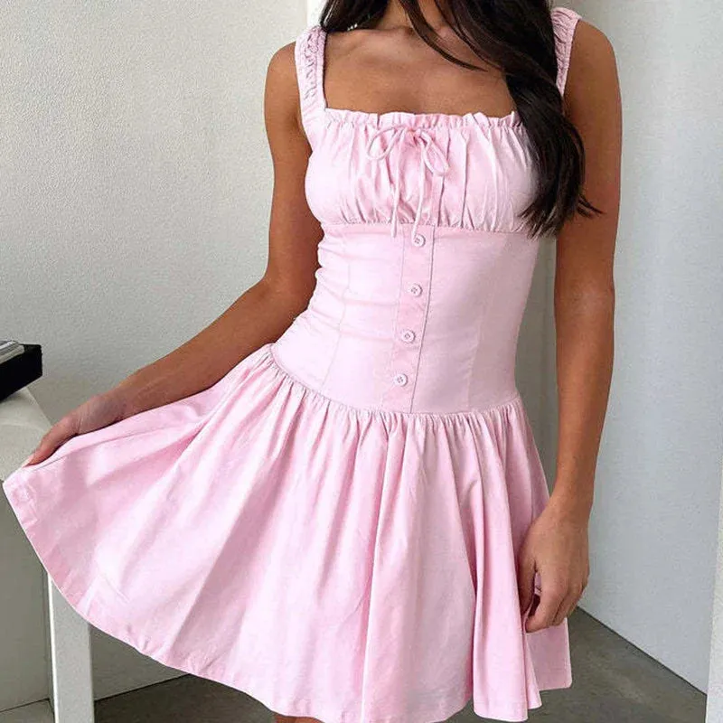 Sweet Spaghetti Strap Elegant Square Neck Waist Banquet Casual Hollow Button Pleated Summer 2024 Dress