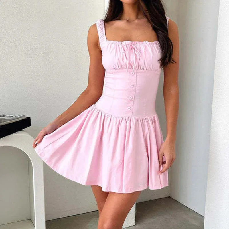 Sweet Spaghetti Strap Elegant Square Neck Waist Banquet Casual Hollow Button Pleated Summer 2024 Dress