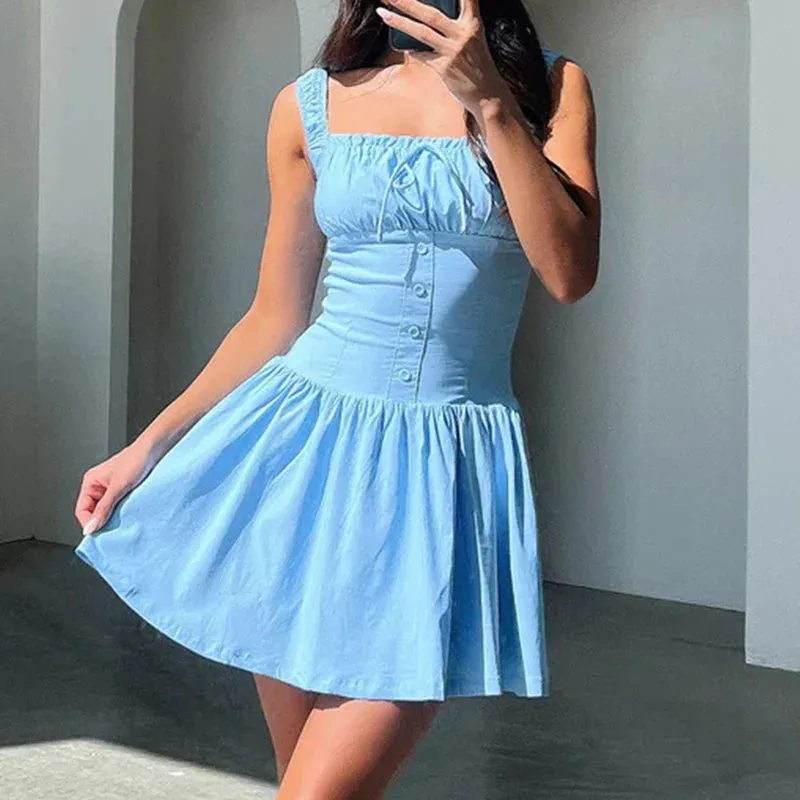 Sweet Spaghetti Strap Elegant Square Neck Waist Banquet Casual Hollow Button Pleated Summer 2024 Dress