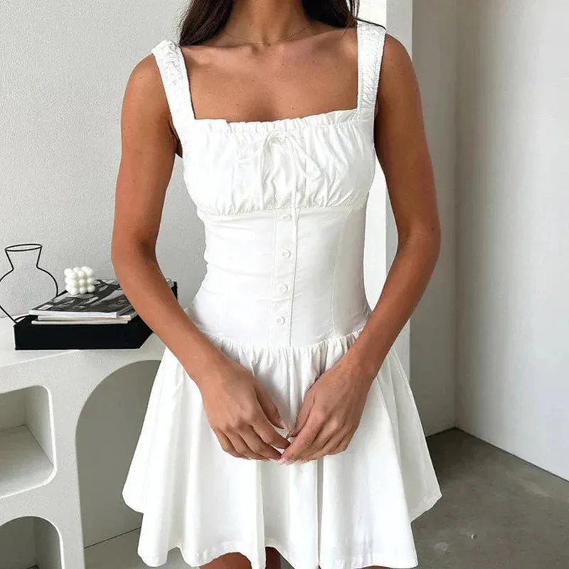 Sweet Spaghetti Strap Elegant Square Neck Waist Banquet Casual Hollow Button Pleated Summer 2024 Dress